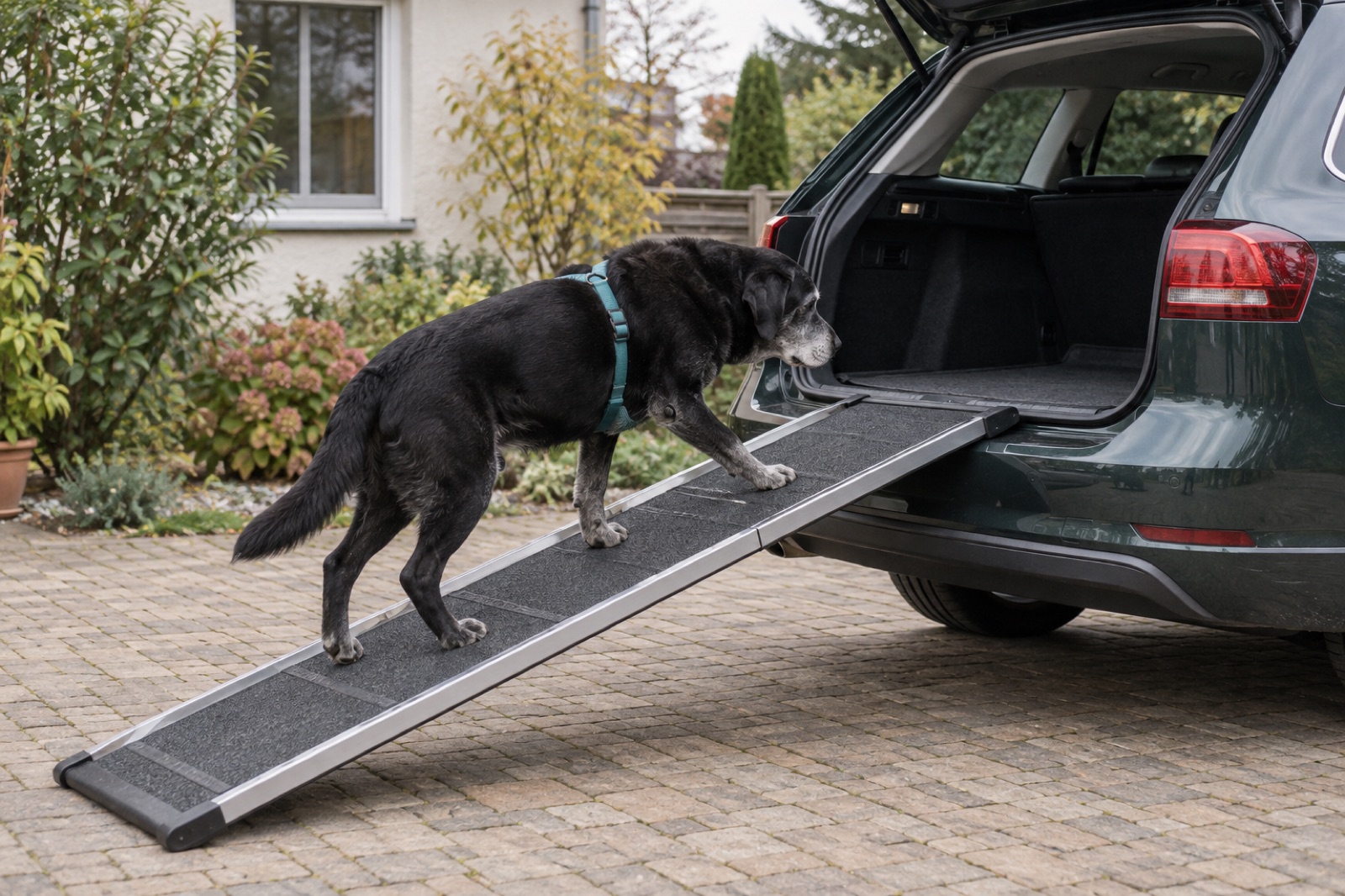 Ein alter schwarzer Labrador geht über eine lange Rampe in den geöffneten Kofferraum eines Kombis.
