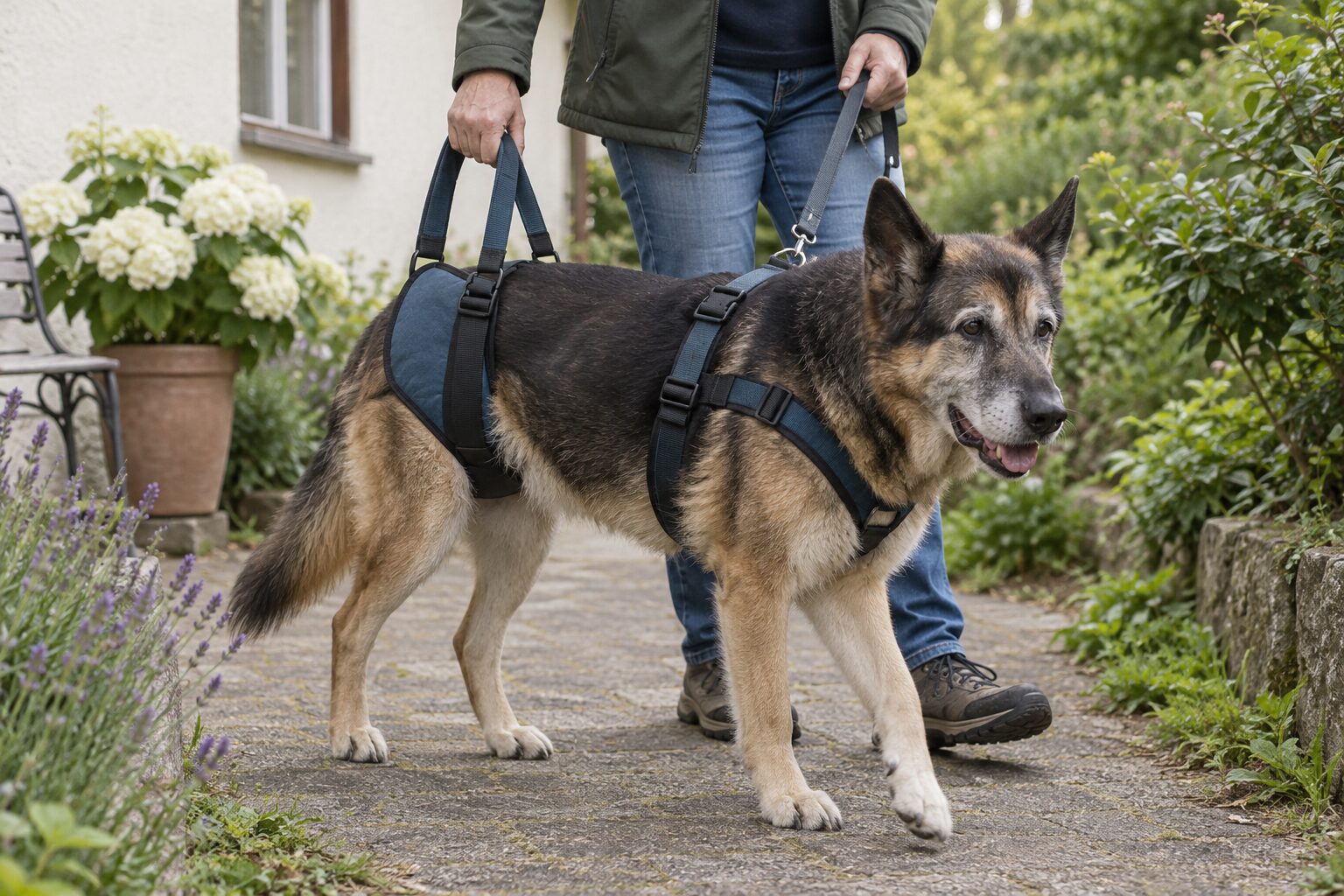 Ein alter Schäferhund wird beim Gehen mit einem breiten Hebegeschirr an der Hinterhand unterstützt.