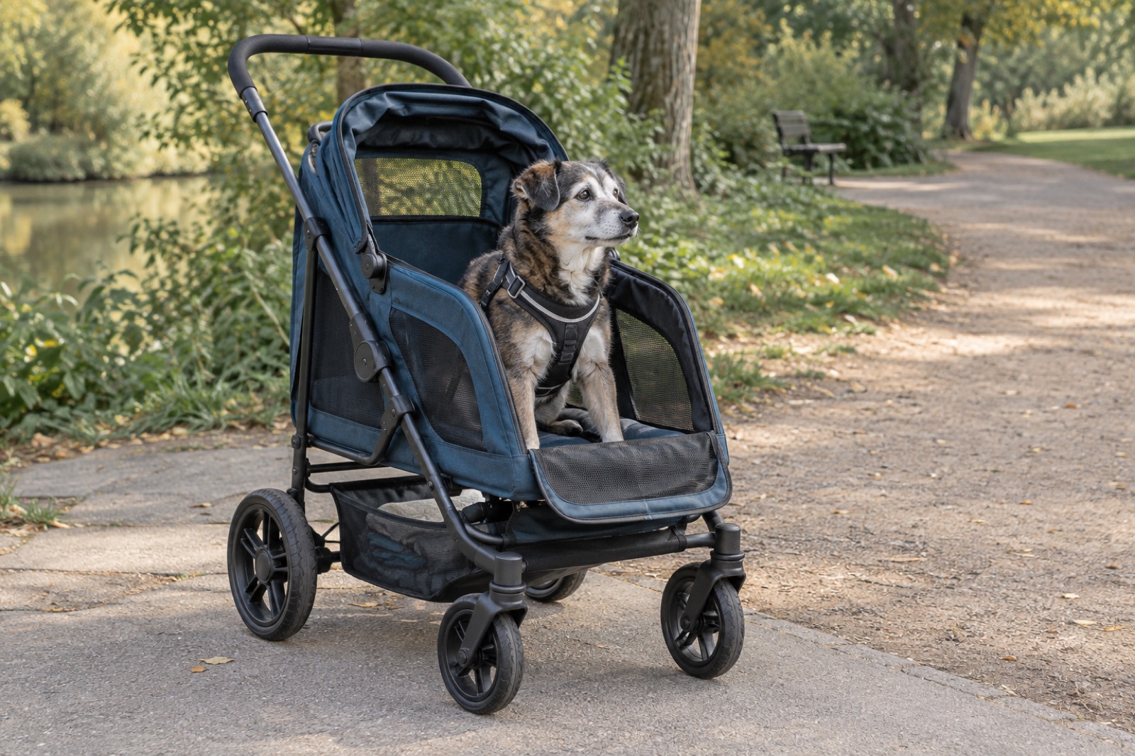 Ein alter Mischlingshund mit grauer Schnauze sitzt angeschnallt in einem dunkelblauen Hundebuggy auf einem Parkweg.