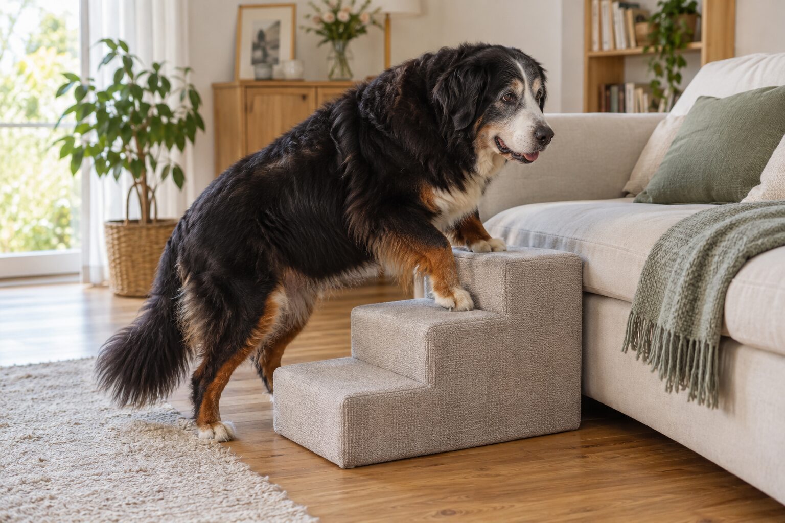 Ein großer Seniorhund benutzt eine dreistufige Hundetreppe vor einem Sofa.