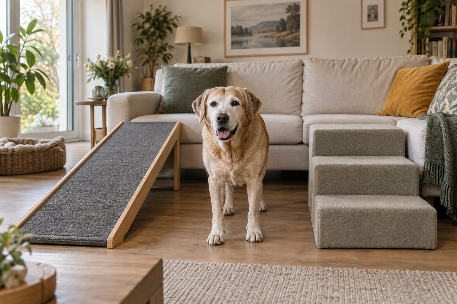 Ein alter Labrador steht vor einem Sofa zwischen einer langen Rampe und breiten niedrigen Stufen.